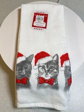 CASABA Christmas Cat Kitchen Towels Set of 2 100% Cotton NWT